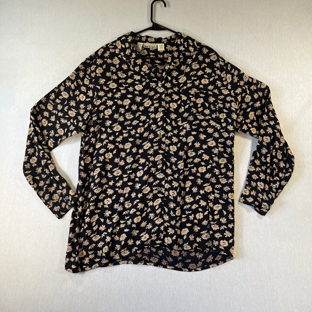 Vintage Anne Klein II Top Women 10 Black Tan Floral Daisy Rayon Button Front USA